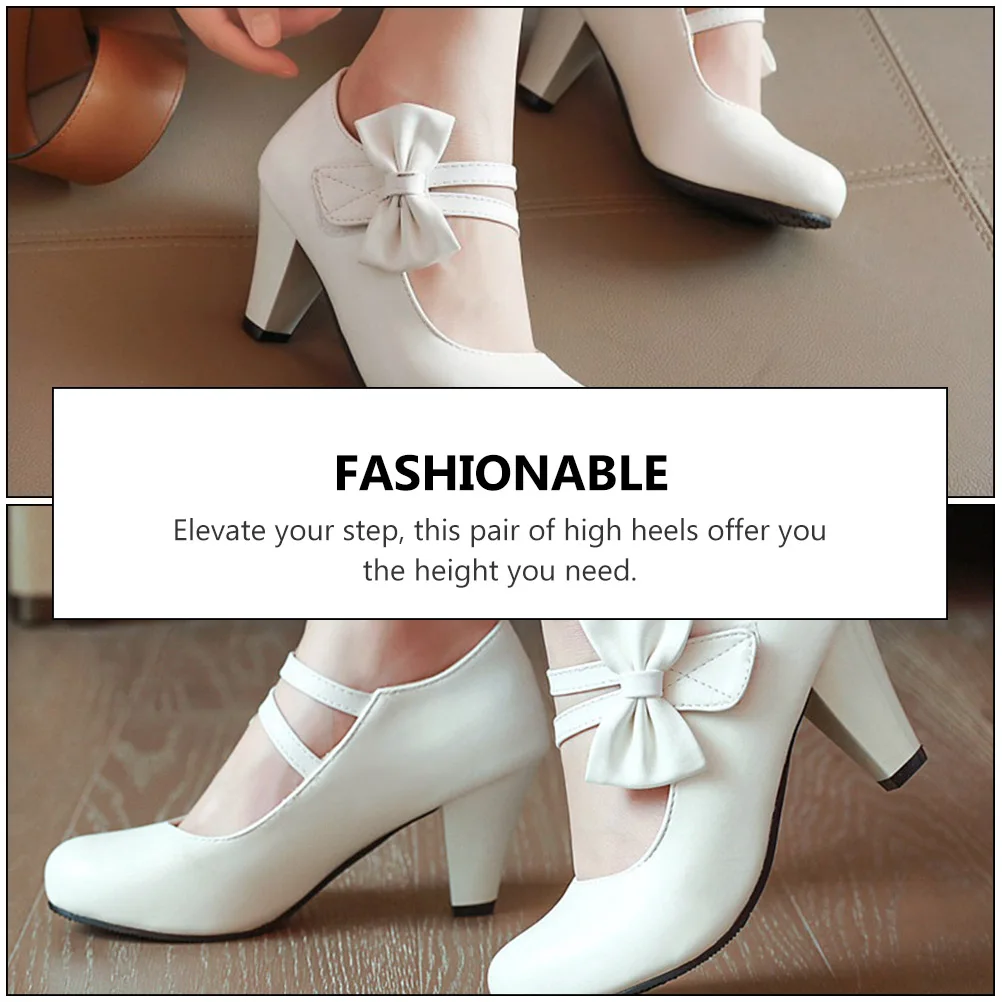 

Chunky High White Chunky High Heeled Shoes Round Toe PU Upper Rubber Sole Women Female Footwear Party Dress Gift