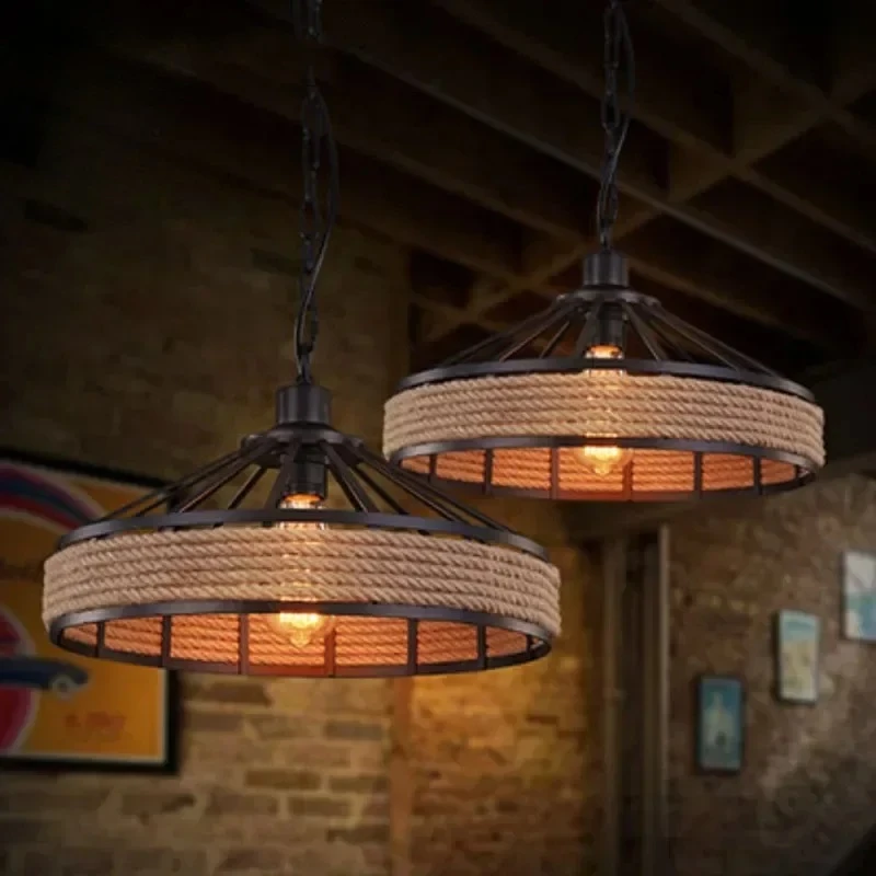 Japanese Creative Pendant Lights Designer Personality Sisal Rope LED Ceiling Chandelier Restaurant Cafe Living Room Indoor Decor