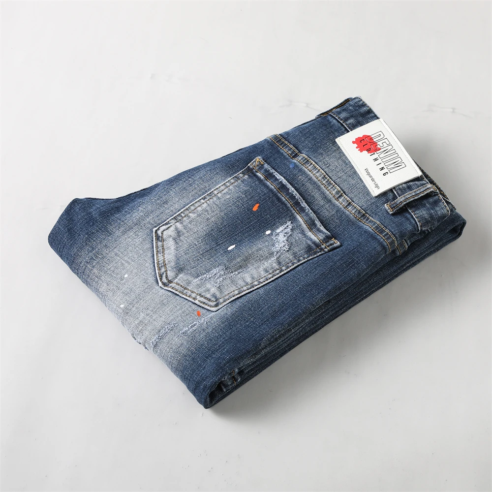 Fashion Streetwear Men Jeans Retro Blue Elastic Stretch Skinny Ripped Jeans Men Vintage Designer Trousers Painted Hip Hop Pants