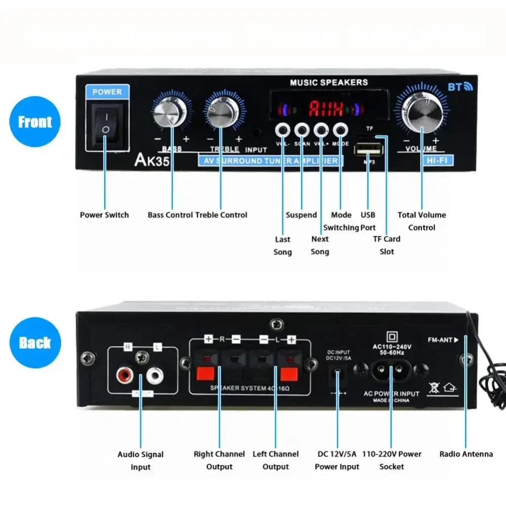 AK35 HiFi 디지털 블루투스 앰프 MP3 채널 2.0 사운드 앰프 지원 110V-240V 가정용 자동차 스피커 FM USB 원격 제어