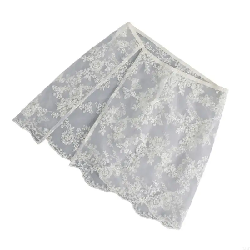 T21F Women See Through Embroidery Flower Lace Layering Apron Skirt Vintage Sheer Covering Overskirt Side Button Hip Scarf