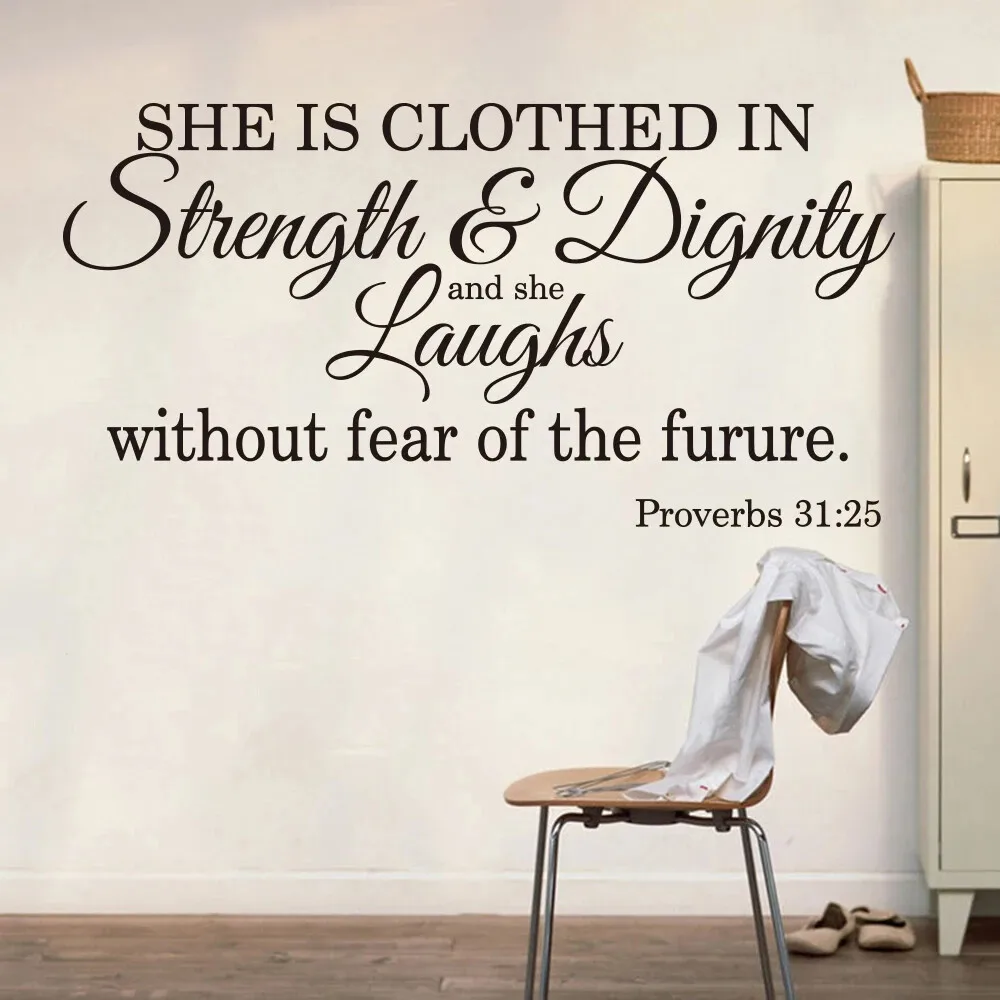 Proverbios 31:25 Ella Está Vestida de Fuerza y Dignidad, Adhesivo de Pared con Versículo Bíblico