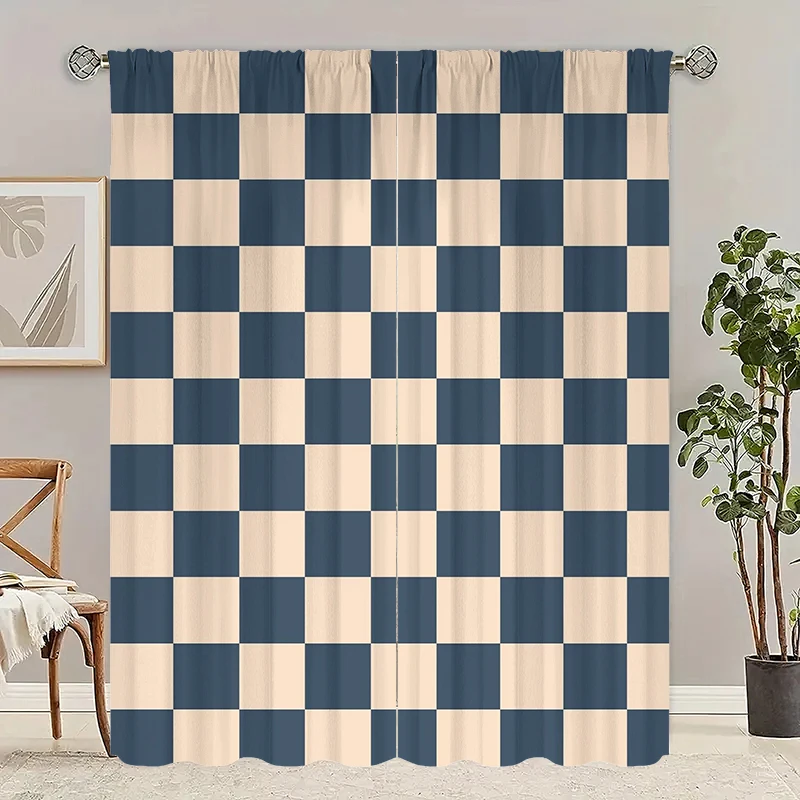 Two-tone check -2 pieces - printed curtain, 100% polyester, suitable for home decor