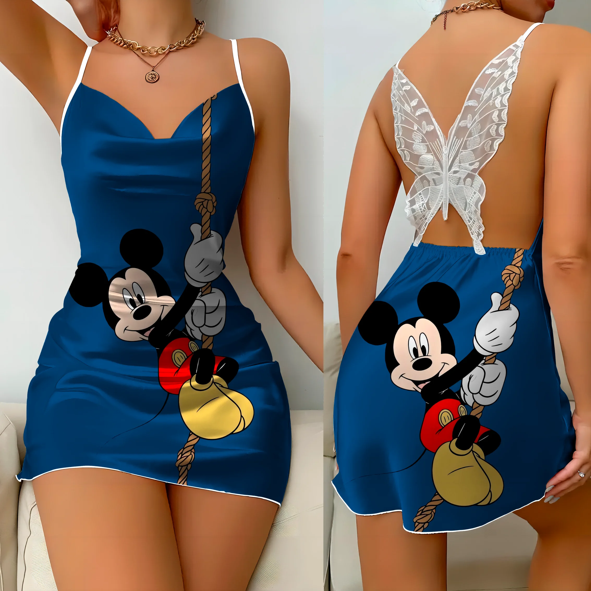 Mini vestido sem costas com nó arco para mulheres, vestidos sexy, superfície de cetim, Minnie Mouse, Mickey, saia pijama Disney, moda feminina,