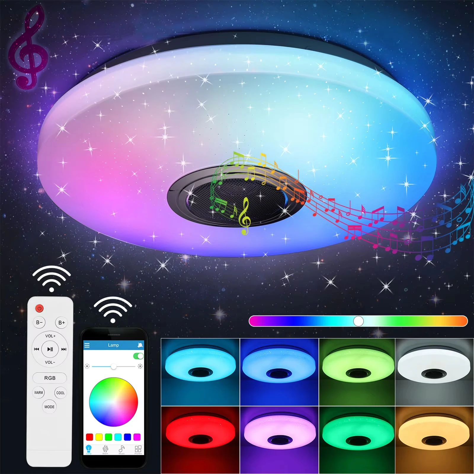 60W LED-Deckenleuchte mit Bluetooth-Lautsprecher, RGB-Farbwechsel-Lampe 50cm, dimmbar, APP-Steuerung, für Schlafzimmer, Wohnzimmer, Bar