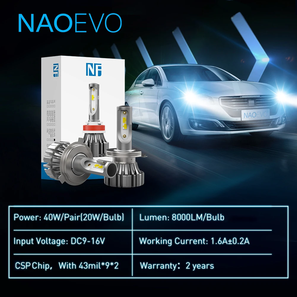 NAOEVO LED H7 Headlight Bulbs H4 40W 16000LM CSP Chip 6500K H13 9005 HB3 9006 HB4 Led Headlamp H11 12V Car Fog Lights Fanless