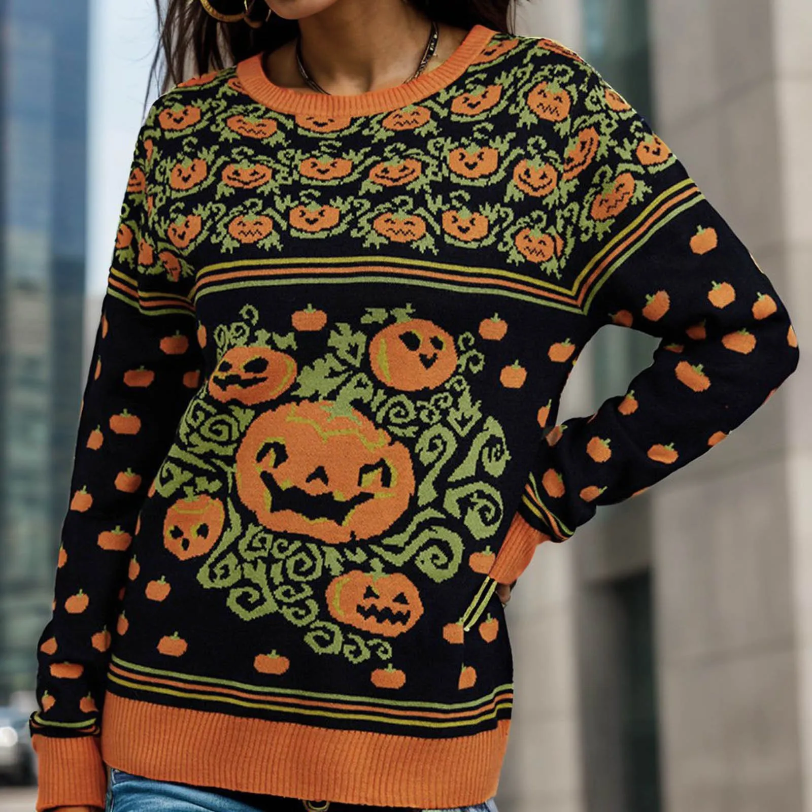 

Women‘S Halloween Sweater Large Comfortable Knitwear Round Neck Long Sleeve Long Sleeve Autumn Winter Pullover Party Suits Top