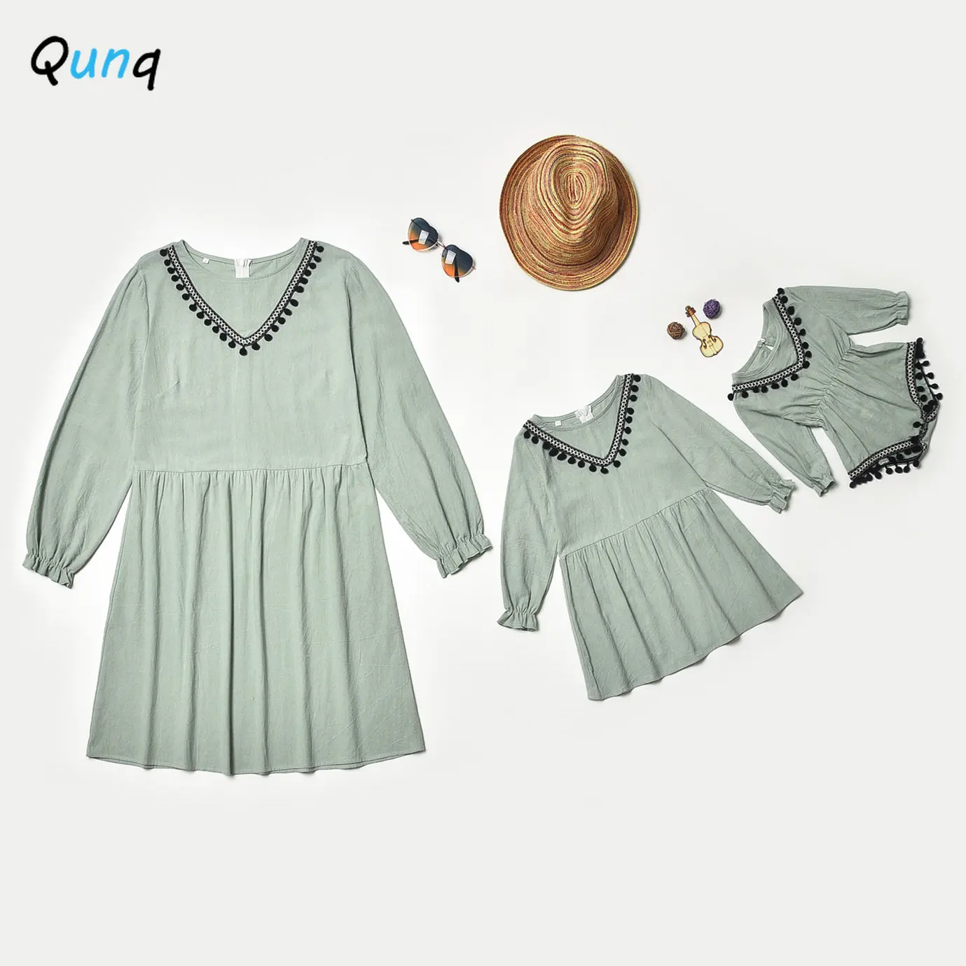 Qunq Spring&Autumn Europe and America Parent-child Outfit Solid Long Sleeve Lace Casual Dress Mother Daughter Matching Clothes