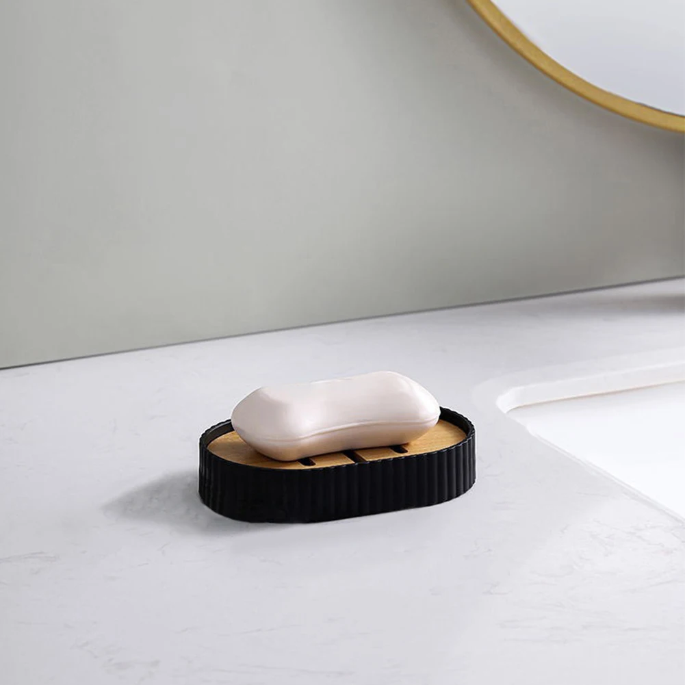 

6 Piece Bathroom Accessories Set Bamboo Black Bathroom Set with Trash Can Toothbrush Holder Soap Dispenser Toilet Brush