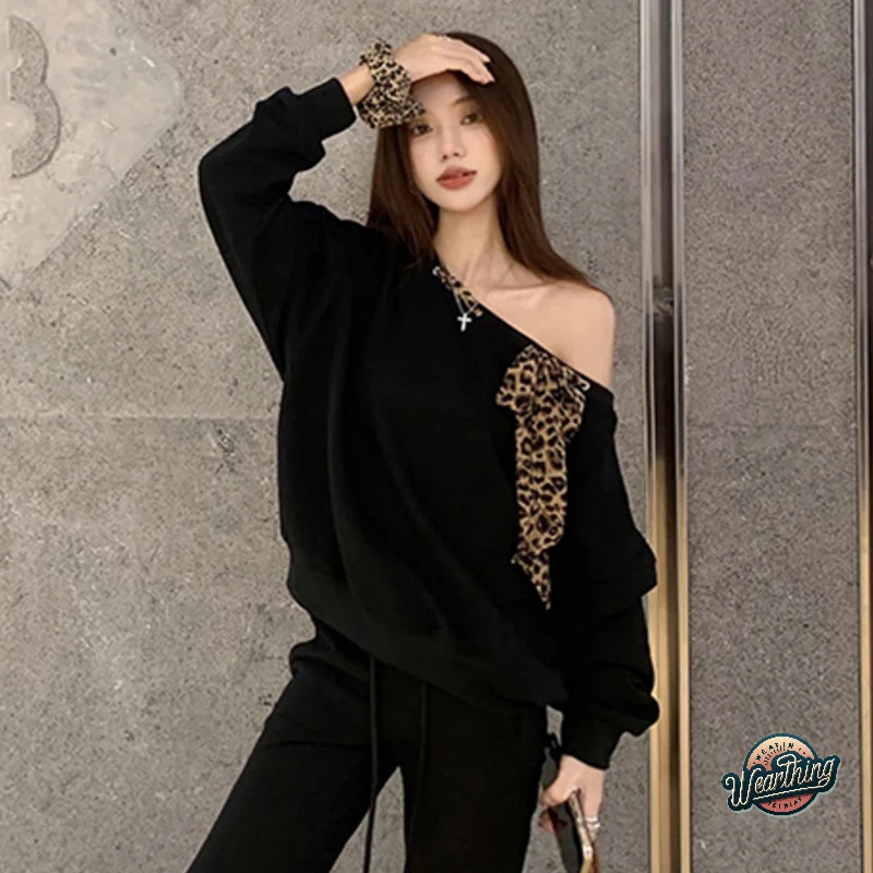 Women Hoodies Harajuku Y2k Sweatshirts Leopard Scarf Casual Pullover Off-shoulder Long Sleeve Lazy Loose Sweatshirt For Women