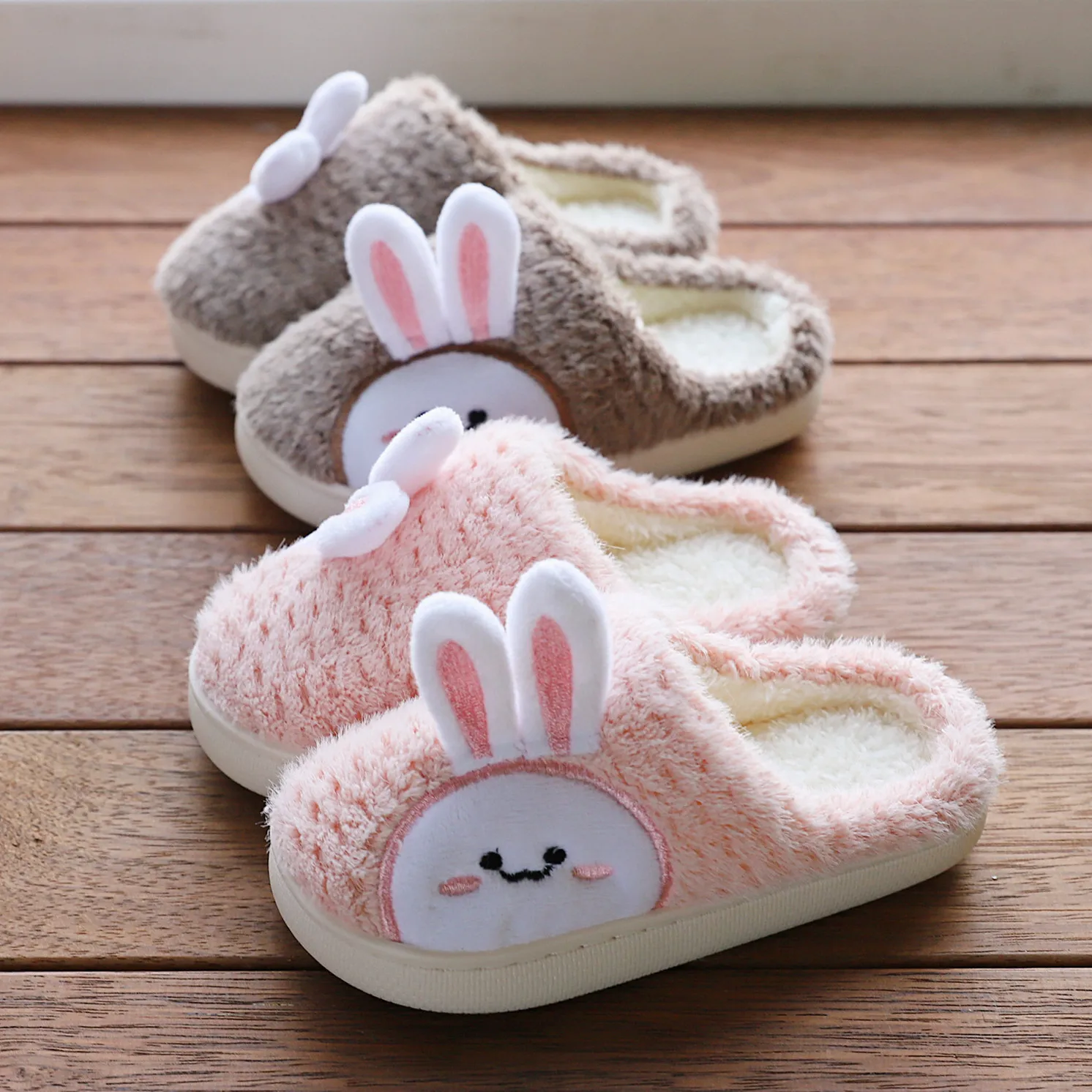 New Slippers For Home For Children Boys Girls Autumn Winter Home Furry Cute Rabbit Indoor Wooden Floor Warm Cotton Shoes
