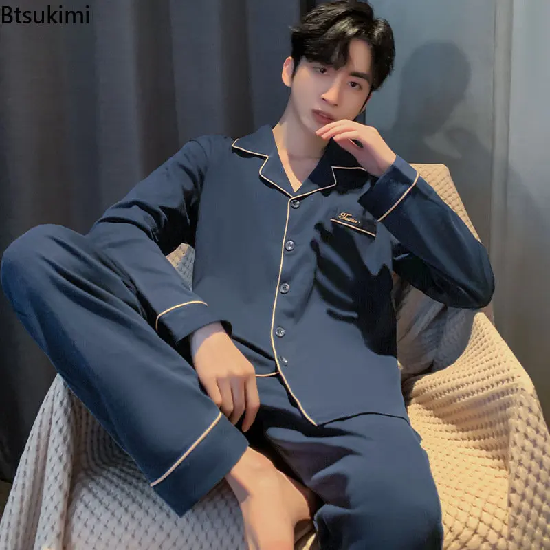 New 2023 Men's Casual Cotton Pajamas Sets Solid Loose Long Sleeve Home Clothes For Man Four Season Casual Sleepwear Lounge Wear