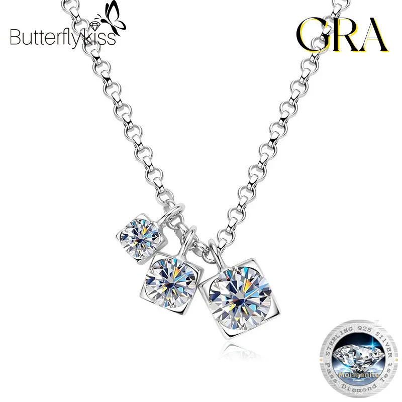 

Butterflykiss Real Certified Three Stone Moissanite Pendant Necklace 925 Silver For Women Luxury Wedding Anniversary Jewelry