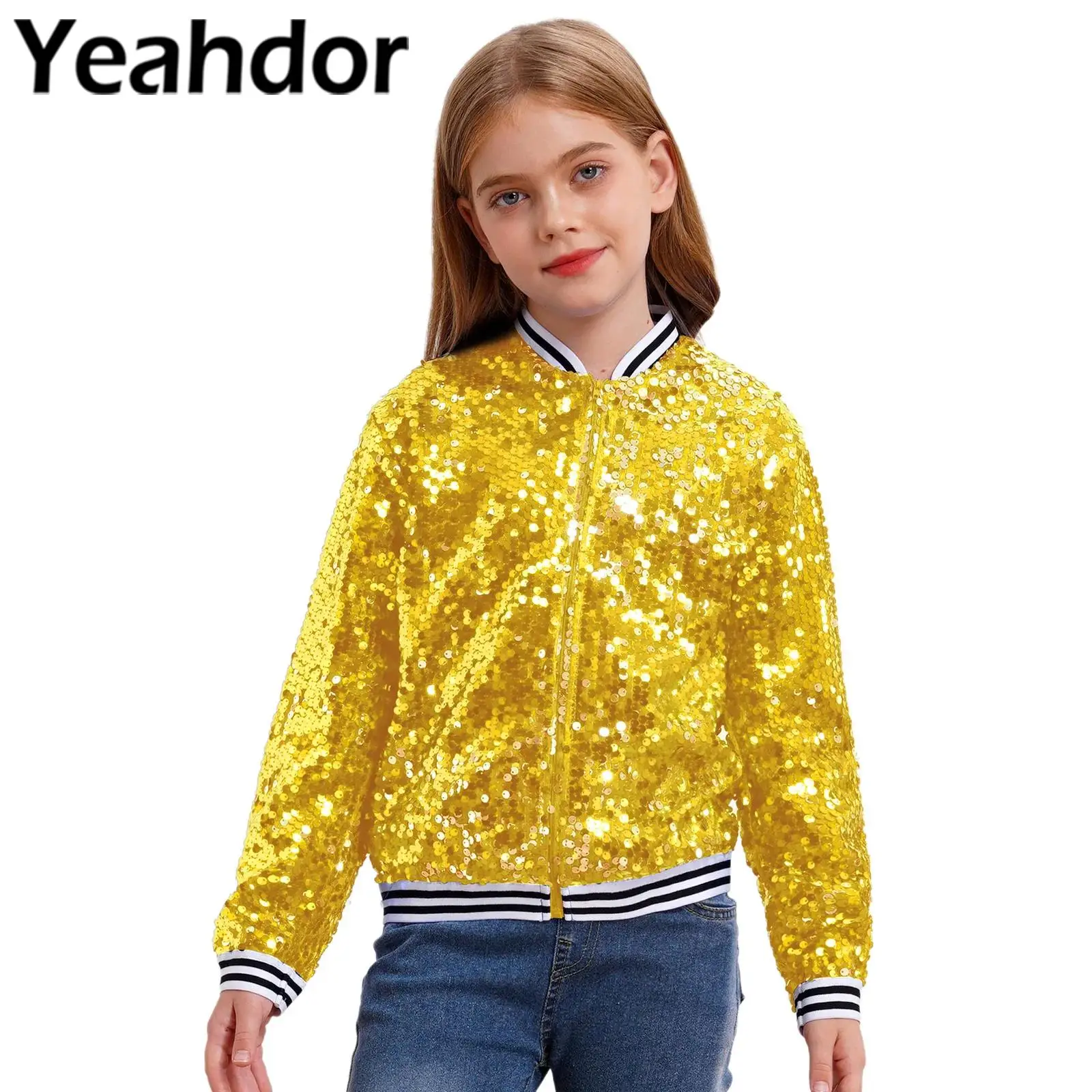 Fashion Children Girls Sequin Jackets Streetwear Zipper Coat Kids Outerwear for Performance Jazz Dance Birthday Party Costume