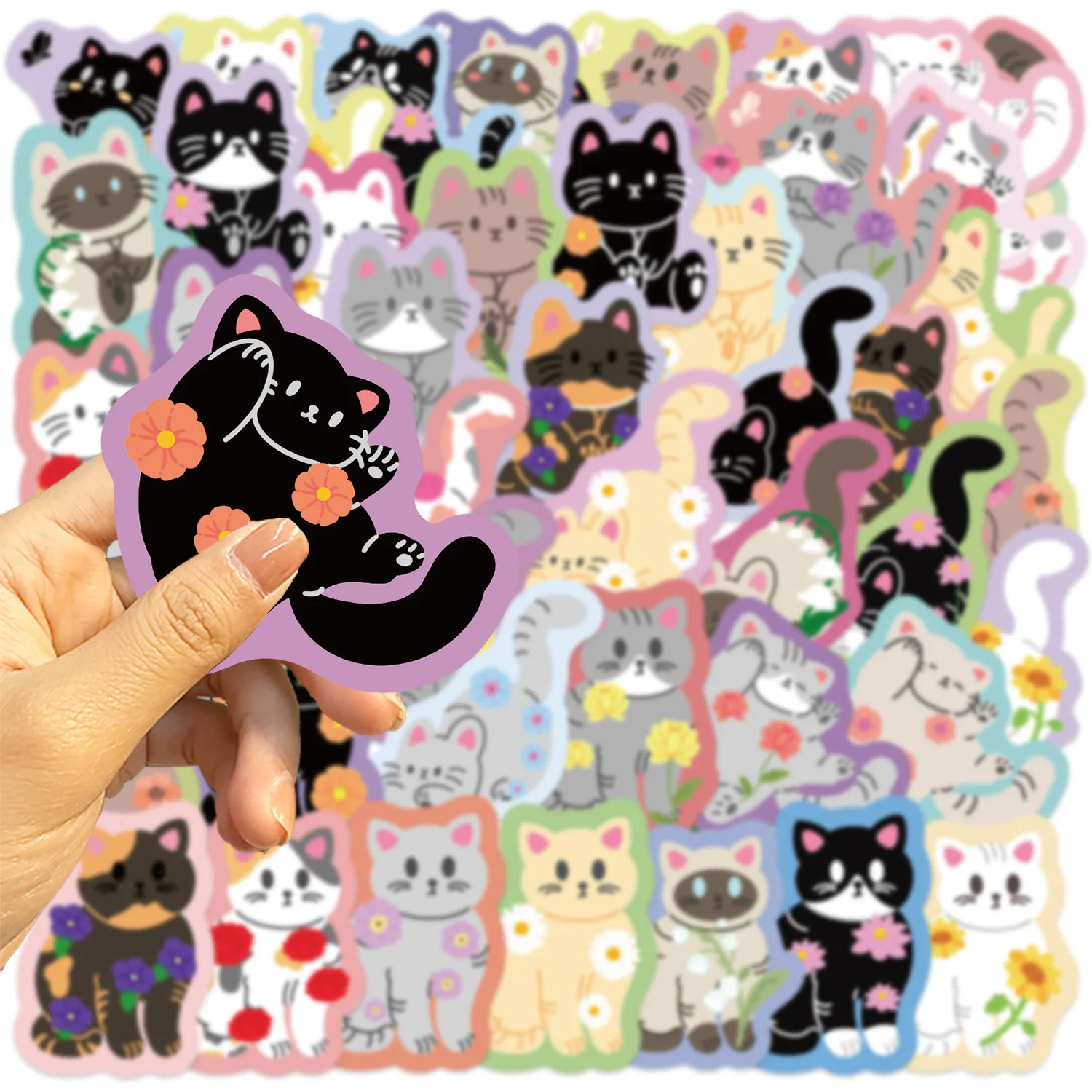 

10/30/50PCS Cute Colored Flowers Cat Cartoon Sticker DIY Phone Laptop Luggage Skateboard Graffiti Decals Fun for Kid
