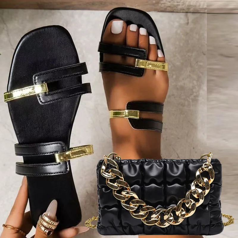 Plus Size New Color Matching Fishmouth Beach Slippers Women Summer Non-slip Slippers Women Shoes Fashion Chain Messenger Bag