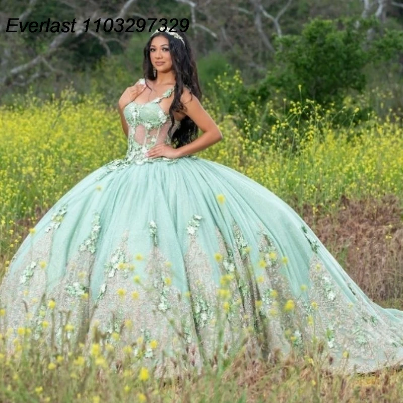 

EVLAST Customized Mexico Sage Green Quinceanera Dress Ball Gown 3D Floral Applique Beading Sweet 15 Vestido De 15 Anos TQD583