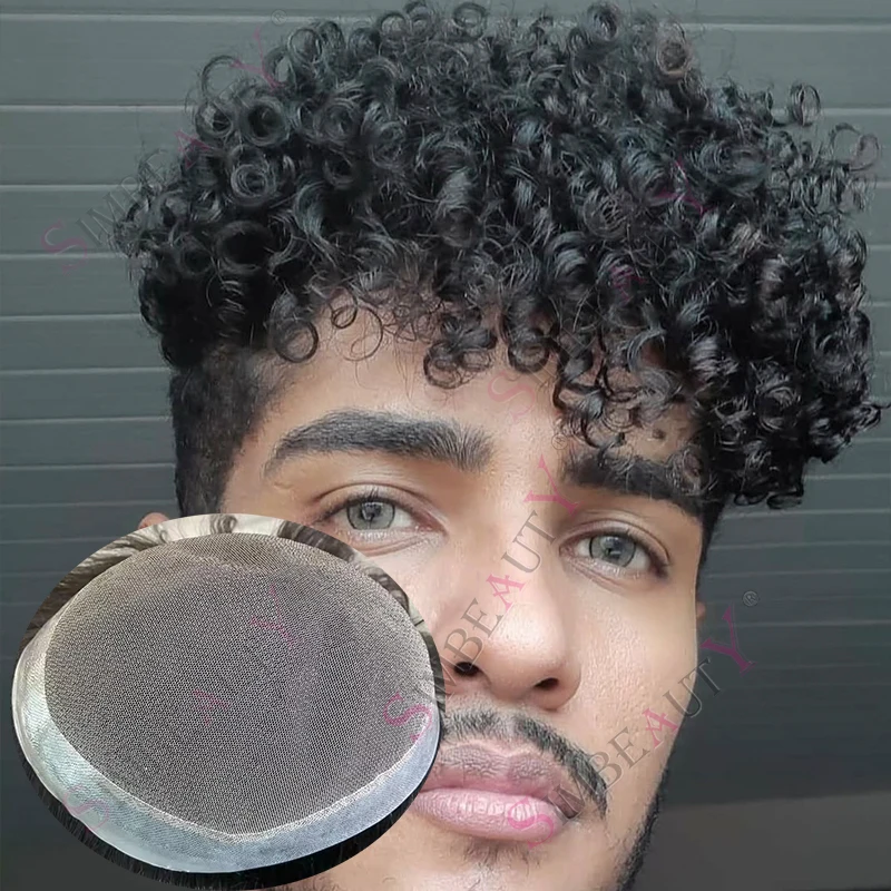 

Супер прочный парик, афро вьющийся мужской парик, 15 мм, 20 мм, необнаружимый, австралийское кружево и ПУ, темно-коричневый # 2 Черный # 1B 100% система человеческих волос