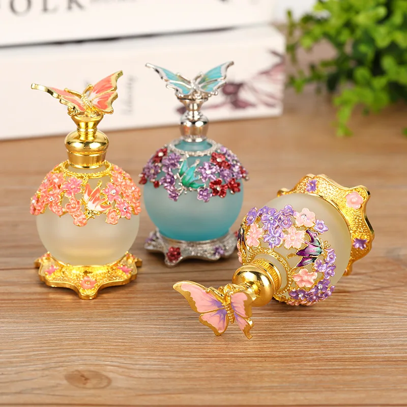 25ml Dubai Middle East Butterfly Glass Perfume Bottle, Round Metal Ball Essential Oil Container, Refillable Atomizer