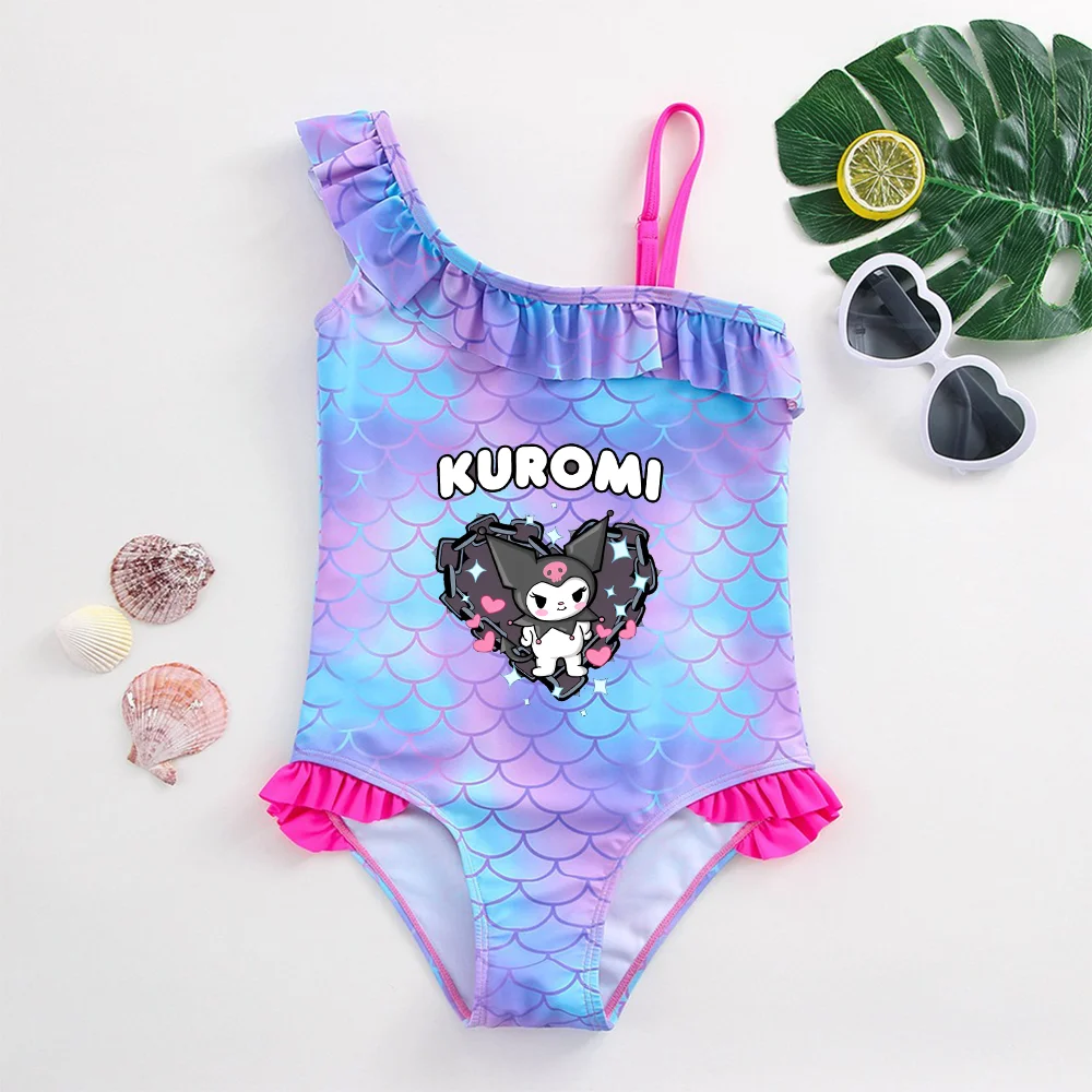 Kuromi Girls Swimsuit Mermaid Fish Scale One-Piece Bathing Suits Children\'s Dresses Summer Swimwear Beach Suit Kids Wear