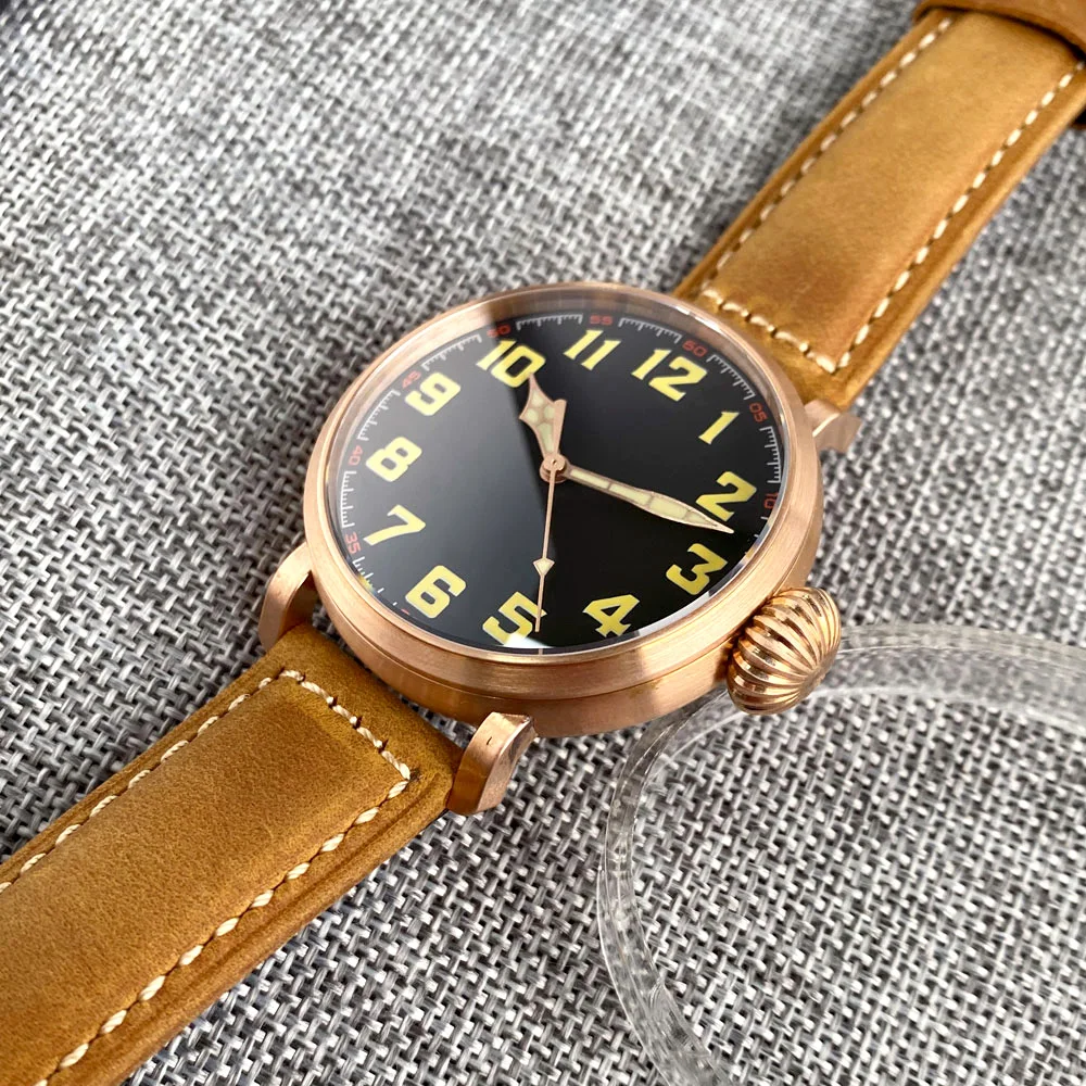 Tandorio 46.5mm Japan NH35A/PT5000 Auto Men Watch Military Big CUSN8 Solid Bronze Leather Strap Sapphire Glass Green Luminous