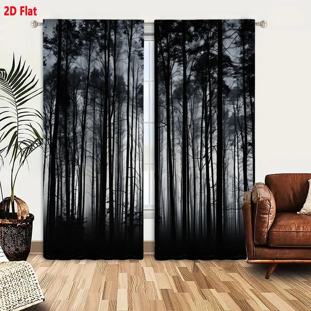 2Pcs Curtains 2D Flat Dense Forest Of Tall Slender Trees Shrouded In Thick Fog Or Mist Monochromatic Tones Black Gray And White
