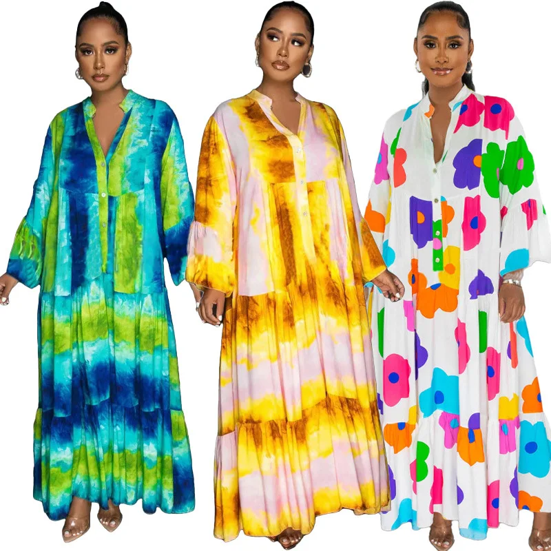 African Printing Dresses for Women Spring Autumn Elegant African Long Sleeve V-neck Polyester Dress Maxi Dress African Clothes