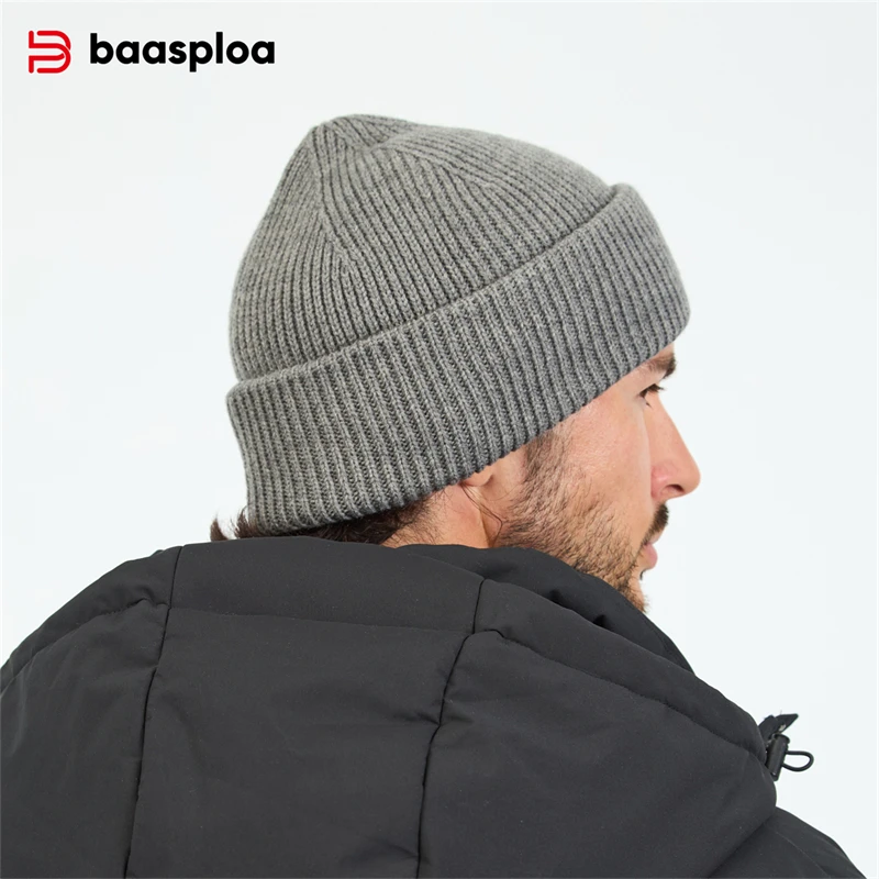 Baasploa New Men Knitted Hat Autumn Fashion Solid Color Wool Warm Beanies Cap Male Outdoor Casual Elastic Street Hip Hop Hats