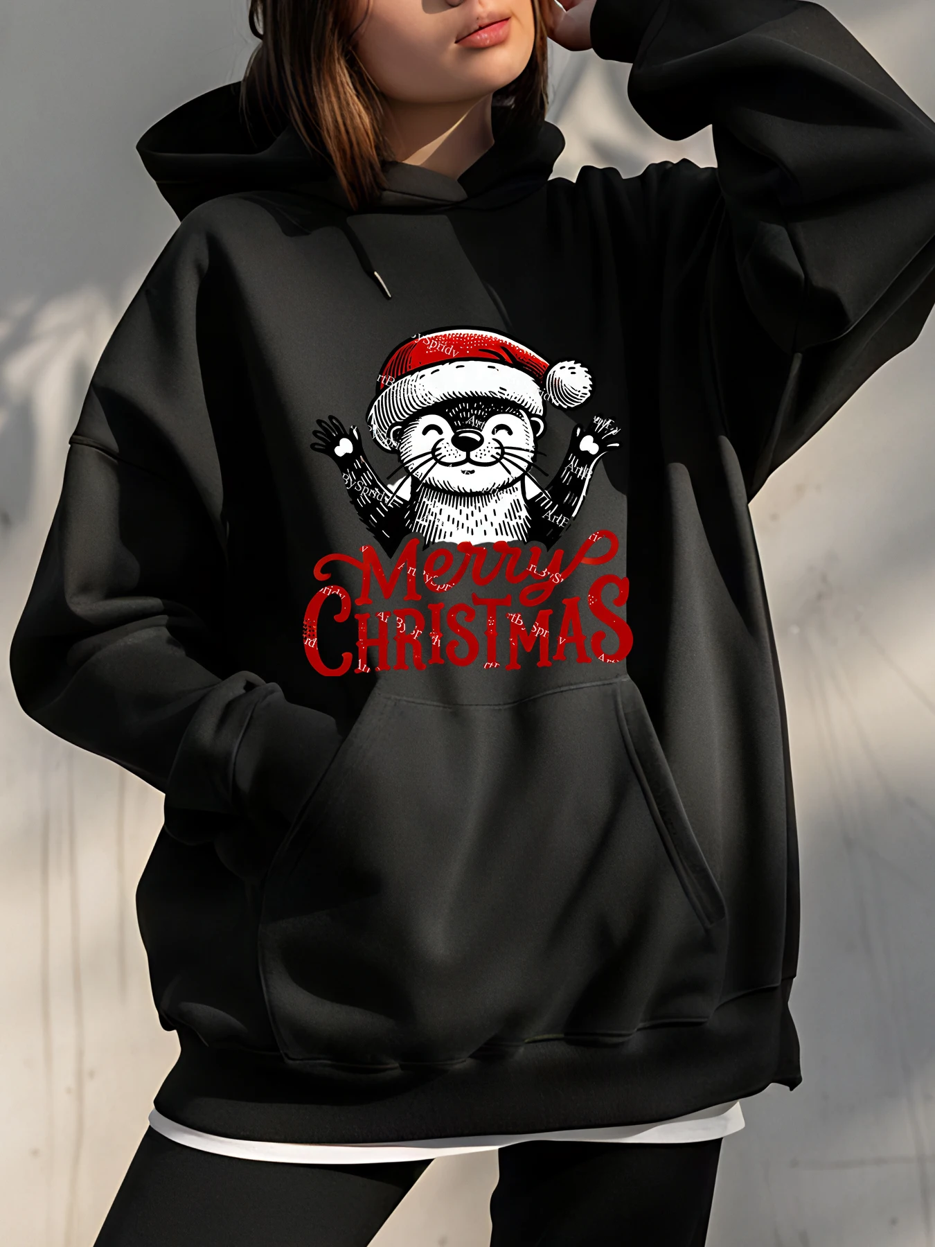 

Christmas Hoodie Otter Santa Hat Print Unisex Casual Winter Sweatshirt Women Men Christmas Gift Fashion