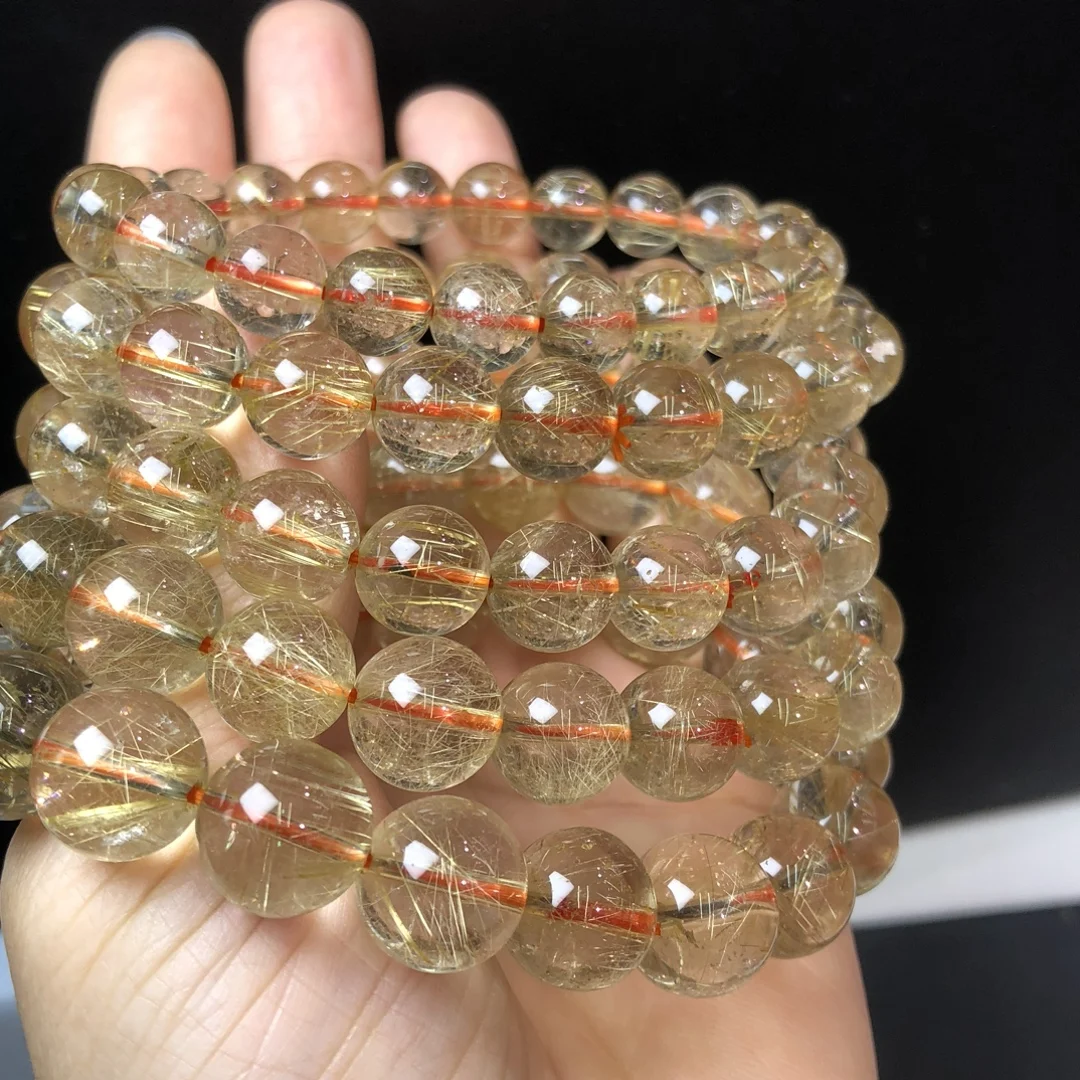 

1 Pc Fengbaowu Natural Gold Rutilated Quartz Bracelet Round Beads Reiki Healing Stones Jewelry Gift For Women And Men