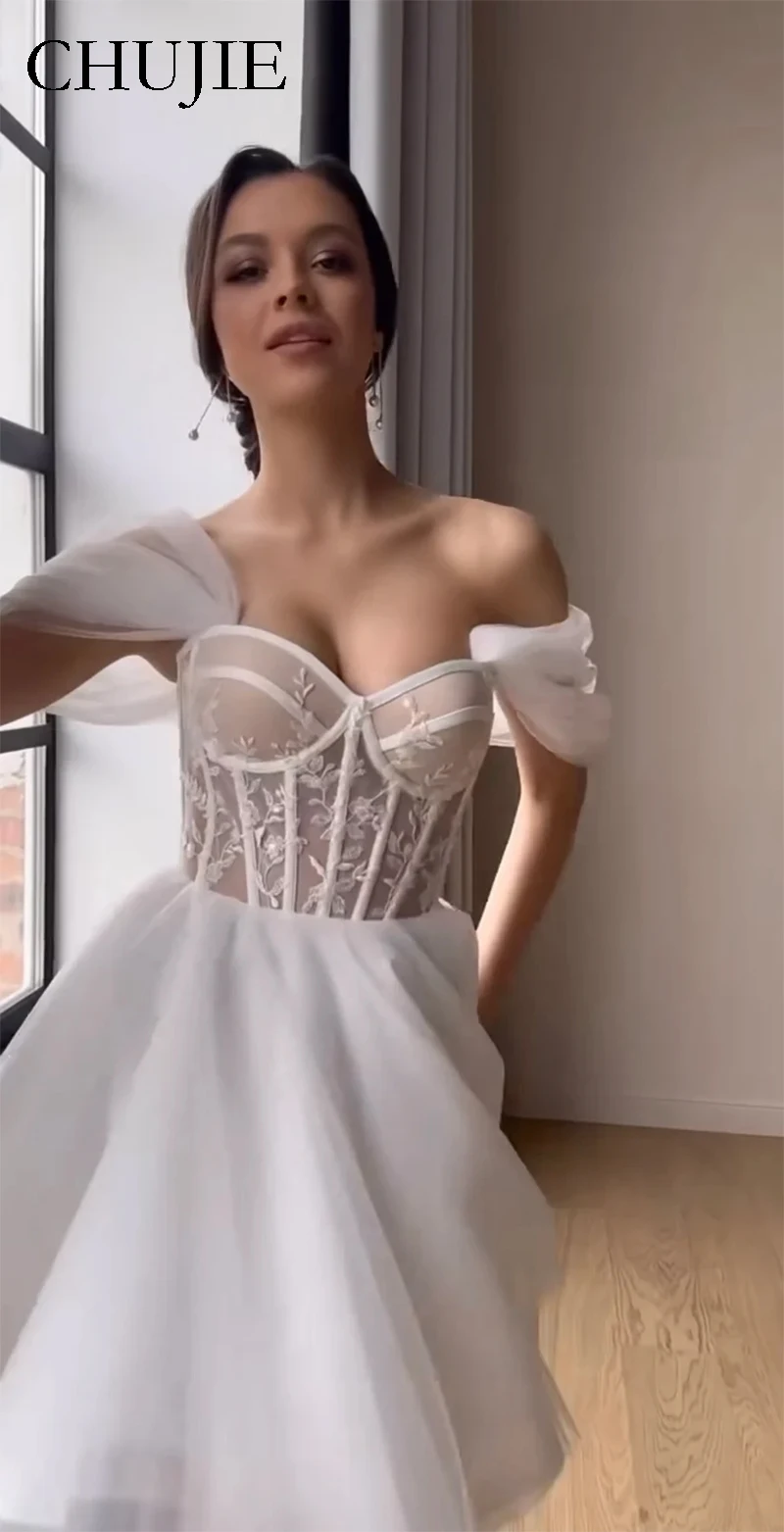 فساتين زفاف بيضاء قصيرة فستان سهرة رداء حفلات خط دانتيل مزين بالدانتيل فيستدوس دي نوفيا فيستدوس دي فييستا زواجبفروك #4