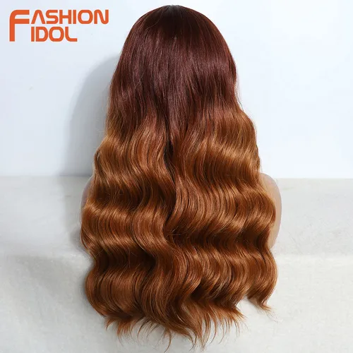 Imagen 2 del producto FASHION IDOL-pelucas frontales de encaje ondulado para mujer, pelo sintético degradado, marrón, Rubio, de 22 pulgadas, fácil de usar, color blanco, Cosplay