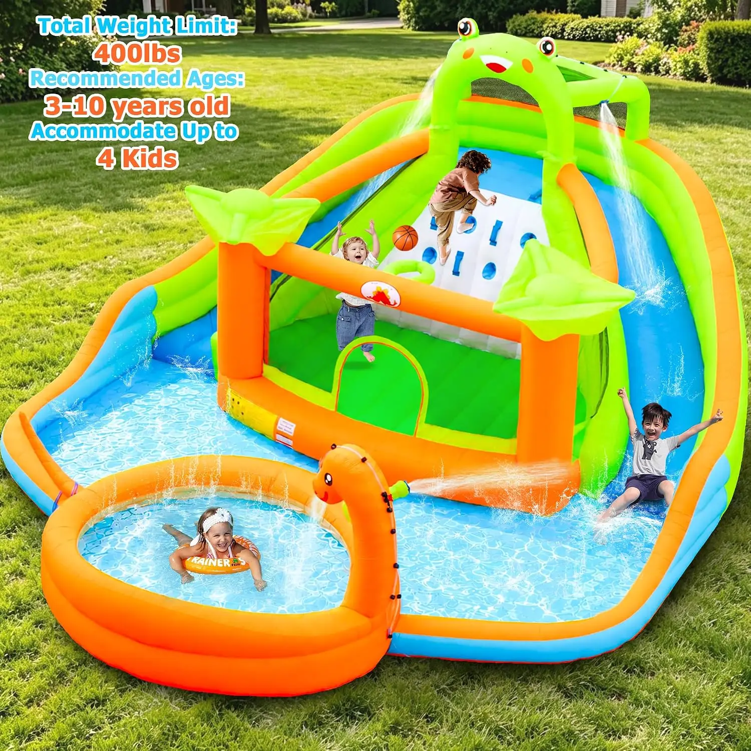 Inflatable Water Double Slides Park Bouncy Castle with Water Cannon Dino Pool Frog Castle Climbing Wall Basketball for Kids