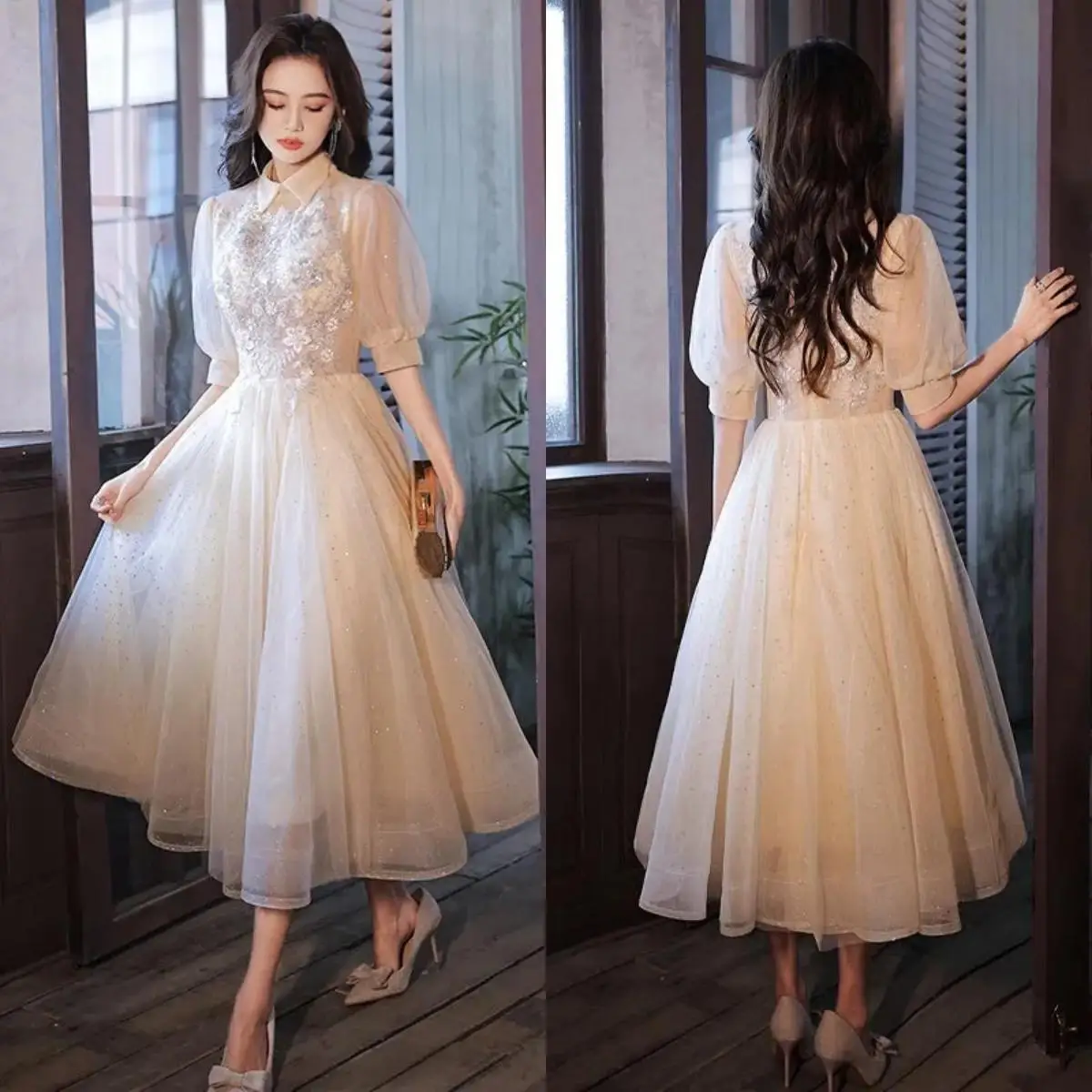 

Evening Dress Champagne Beading Appliques High Collar illusion Half Sleeves A-line Tea-length Plus size Women Party Formal Gown