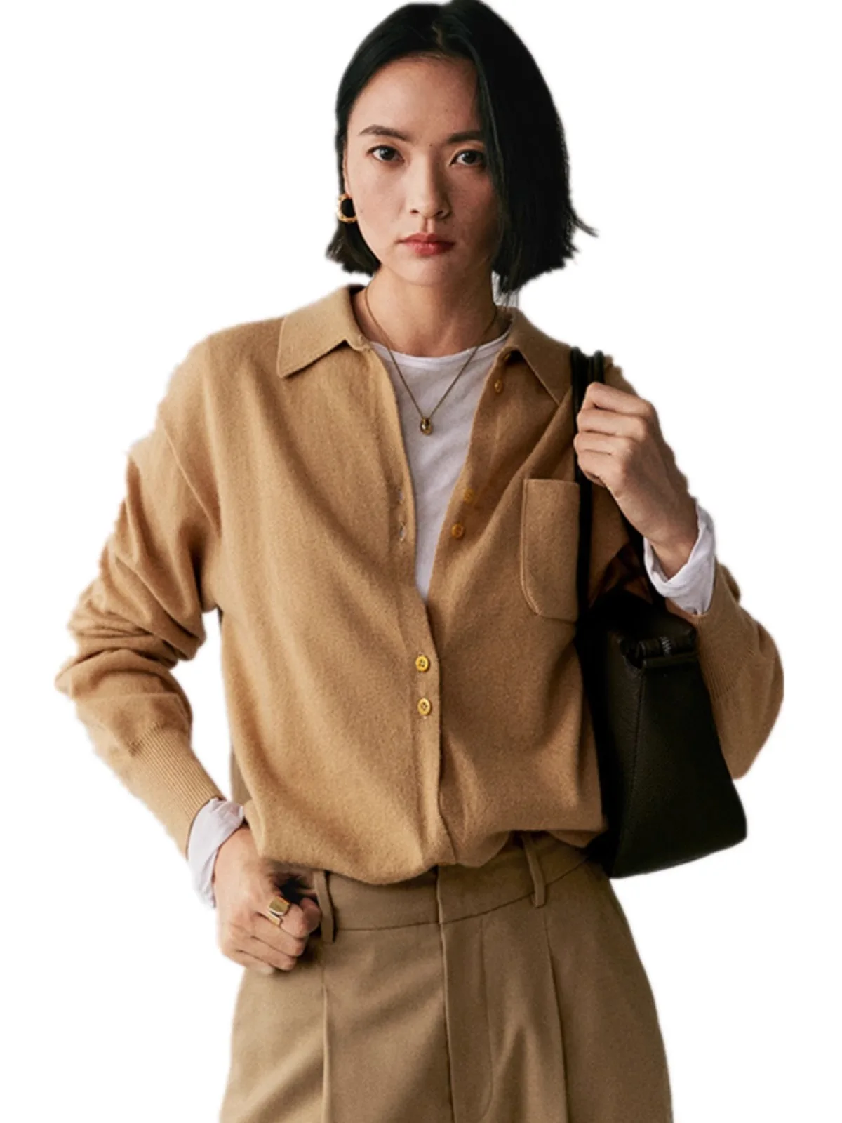 Europe station loose mid-length POLO collar 100% cashmere knit cardigan women\'s spring and autumn large size lapel sweater