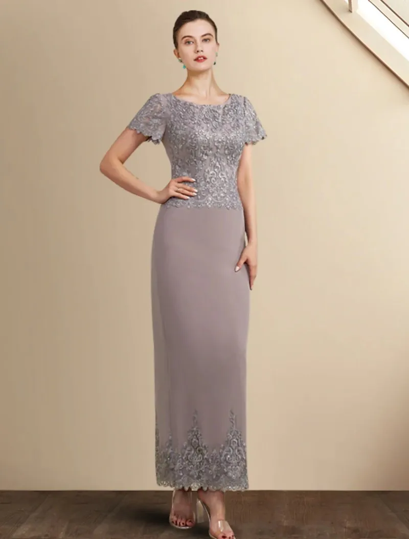 Sheath Mother of the Bride Dress Jewel Ankle Length Chiffon Lace Appliques Short Sleeve Groom Party Gowns Robe De Soiree