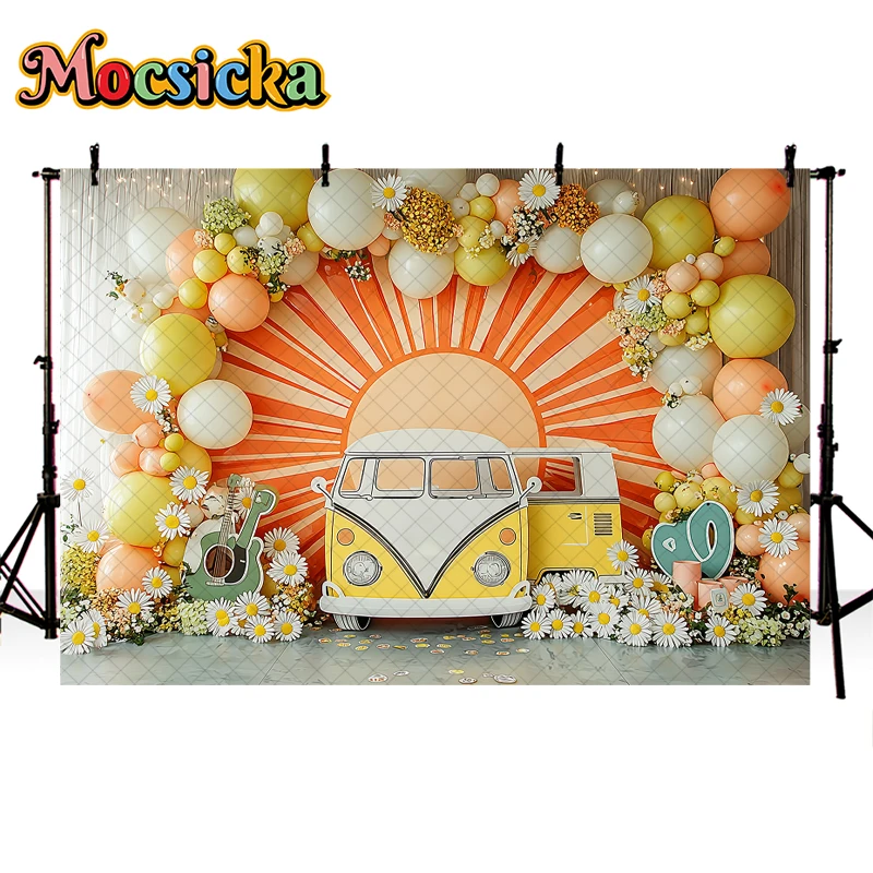 Mocsicka Photography Background Groovy Retro Hippie Boho Girl Birthday Party Daisy Groovy Balloons Decor Backdrop Photo Studio