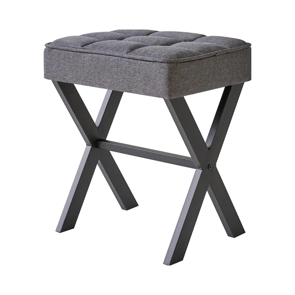 Square Makeup Stool X-Leg Foot Rest Linen Ottoman Seat Vanity Stool Small Side Table Multi-Use Bedroom Living Room Dark
