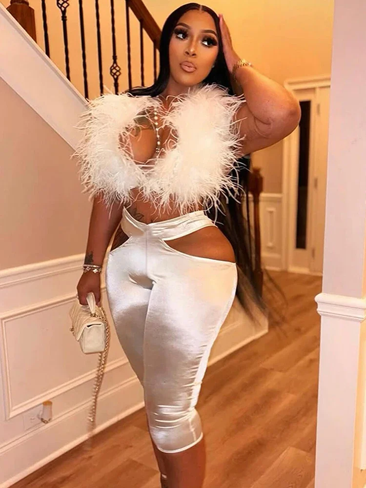 

Furry Sexy 2 Piece Set Women Tracksuit Backless Tank Tops+High Waist Hollow Bike Shorts Nightclub Matching Outfits
