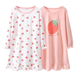 Children Cotton Nightdress Long Sleeve Spring and Autumn Cute Strawberry Printed Comfortable Fit Girls Homewear Sleepwear Dress
