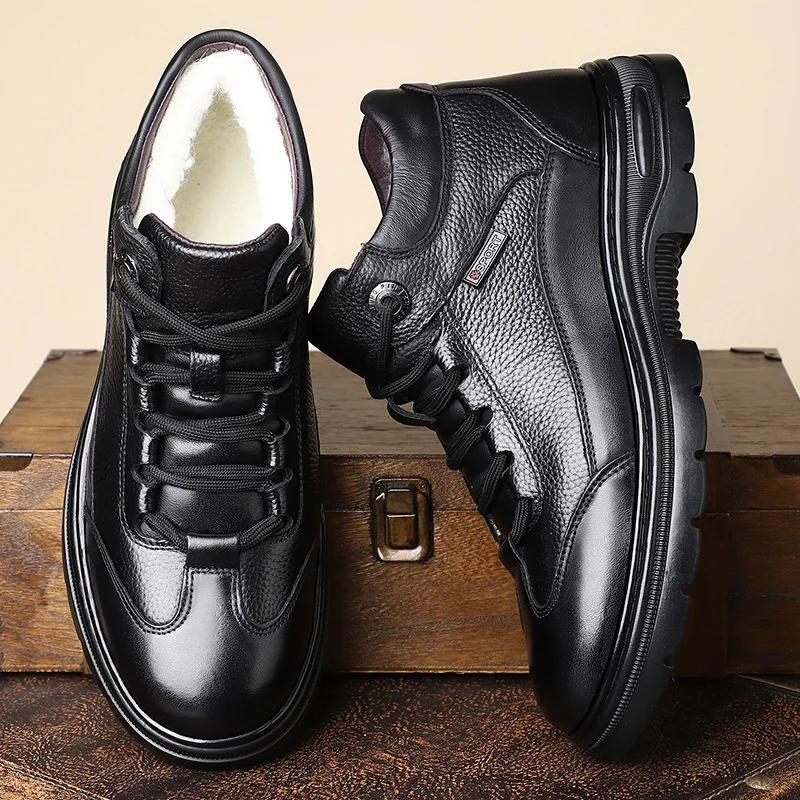 

Winter New Shoes for Men Wool Boots Genuine Leather Warm Plush Casual Shoes Non-slip Snow Boots