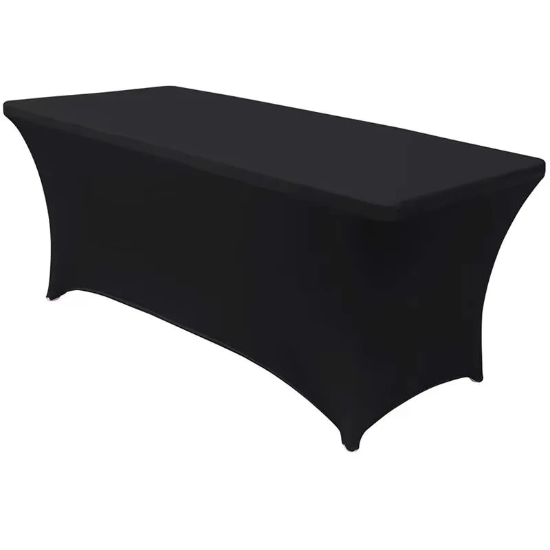 

Custom-printed durable elastane advertising desk covers in vibrant blue and red for trade shows