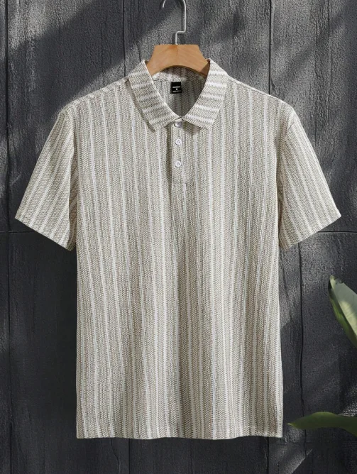 Men's Front Button Short Sleeve Striped Casual Polo Shirt