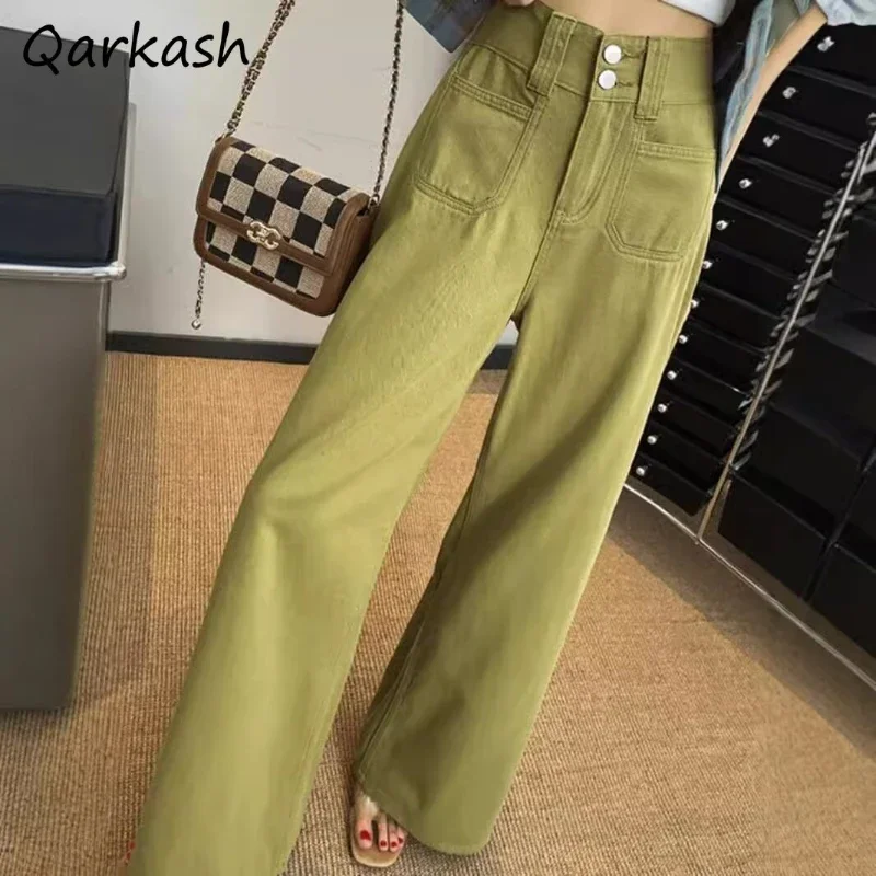 Women Jeans Straight Loose Autumn Winter New High Waist Slender Full Length Green Aesthetic Denim Trousers Stylish Leisure Cozy