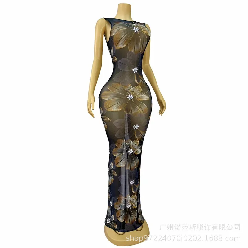 Seksowna Sukienka z Siateczki z Podkreśloną Talia, Przezroczysta, Modelka Dorosła, Trendy na Wybieg, Koktajlowa, Wieczorowa, Mini Sukienka, Seksowna i Gorąca