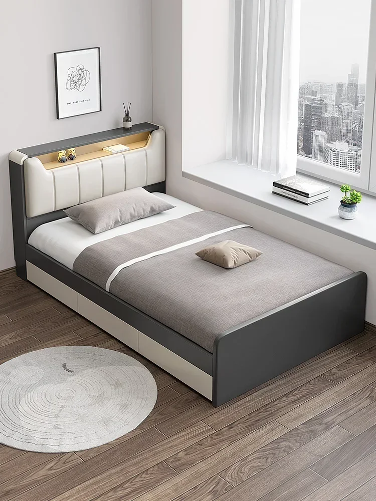 Premium single bed 1.2m modern home tatami low bed with lamp Nordic style children's storage bed bedroom furniture set bedroom