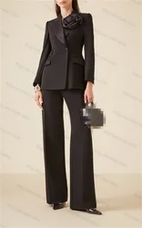 Black Women Suit Pants Set 2-Pieces Blazer+Trousers 3D Flower Double Breasted Coat Formal Office Lady Jacket Tailored Made