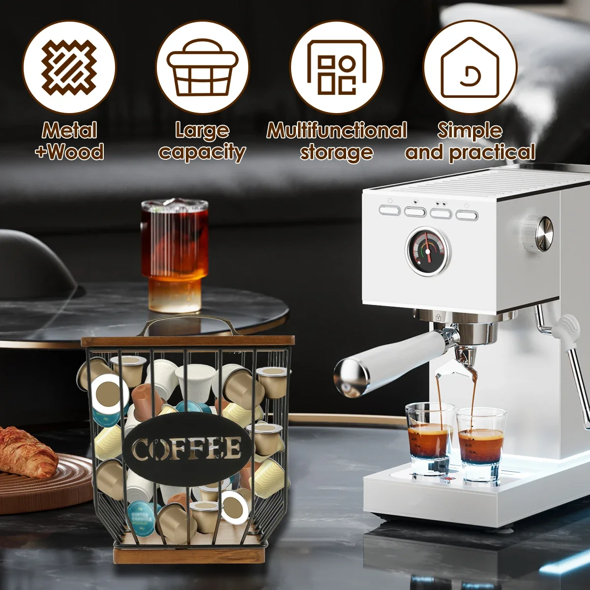 Coffee Capsules Holder Metal Large Capacity Coffee Pod Organizer with Wooden Lid for for Coffee Bar Counter Storage Container
