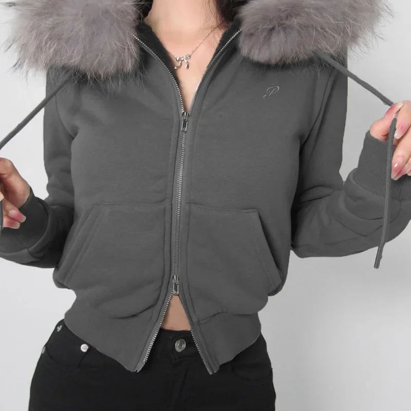 Goth Grey Faux Fur Collar Hooded Zip Up Hoodies Gothic Grunge Pockets Autumn Black Jackets Female Y2k Streetwear egirl Cardigans