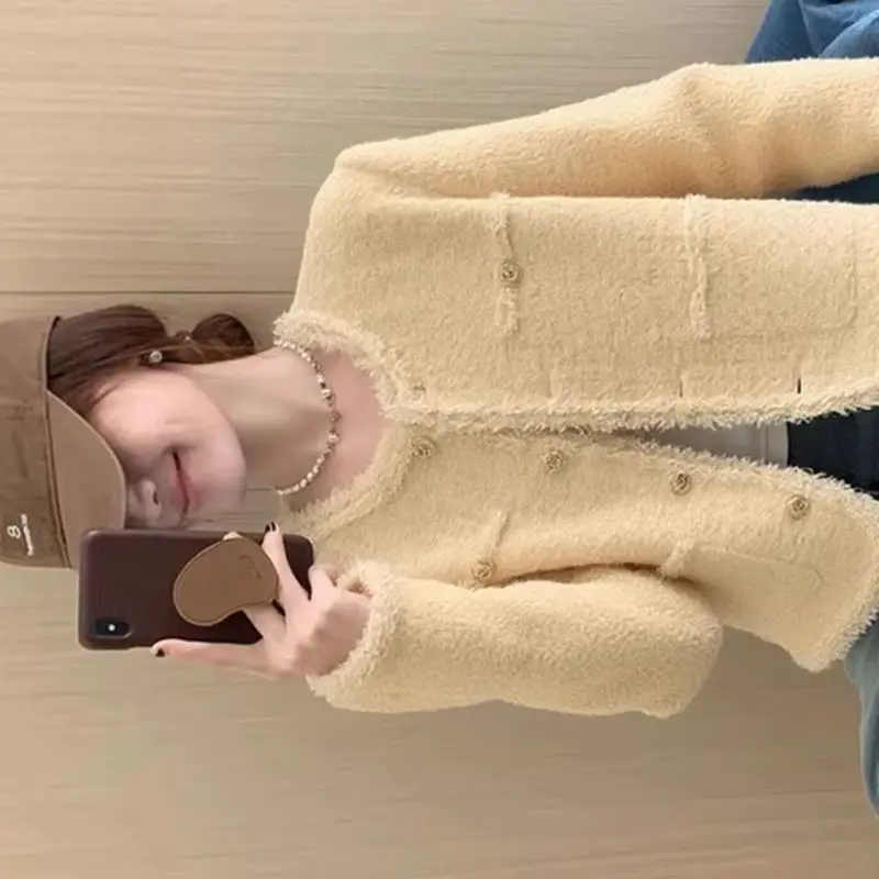 New Small Fragrant Style Women's Coat Top Spring Autumn Clothing Jacket Light Yellow Round Neck Tweed Short Jacket Outerwear